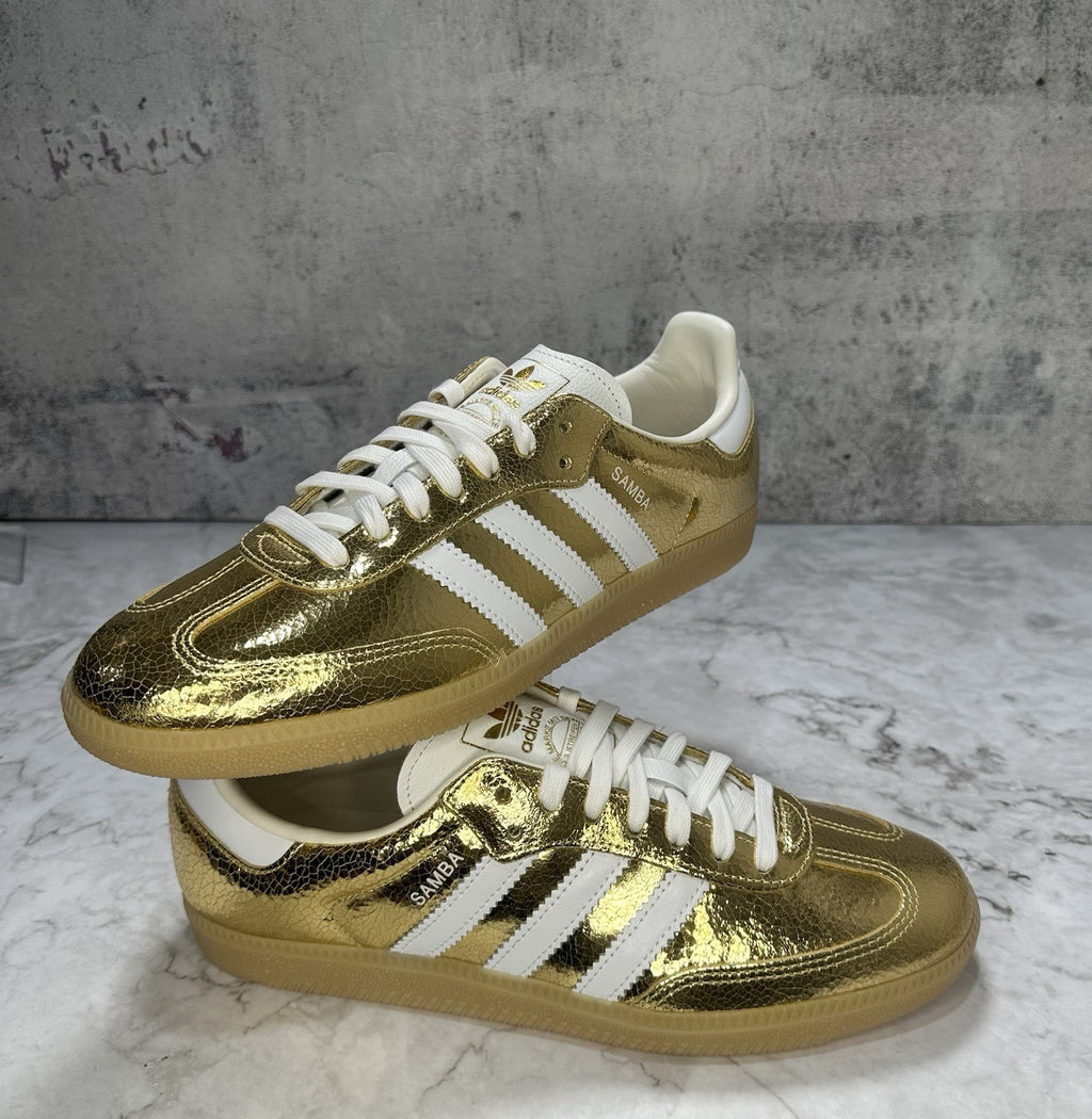 ***NEW Women's Adidas Samba OG "Cracked Leather" Gold Metallic White (KI5719)