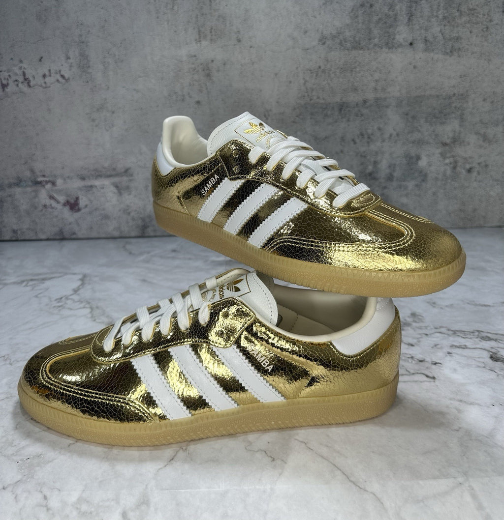***NEW Women's Adidas Samba OG "Cracked Leather" Gold Metallic White (KI5719)