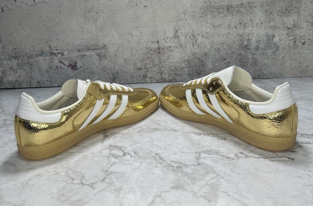 ***NEW Women's Adidas Samba OG "Cracked Leather" Gold Metallic White (KI5719)