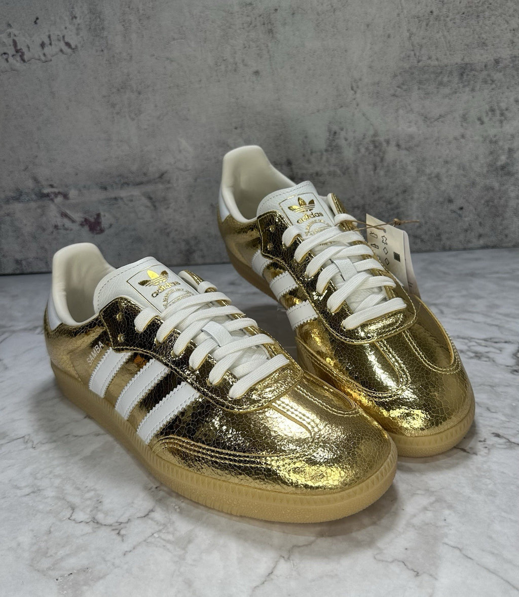 ***NEW Women's Adidas Samba OG "Cracked Leather" Gold Metallic White (KI5719)