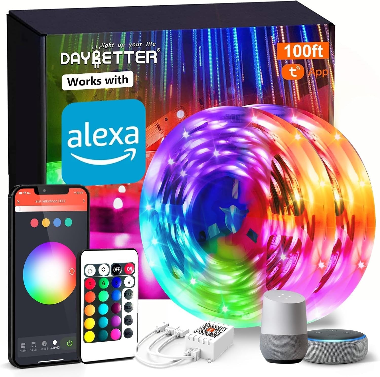 100ft Smart WiFi LED Strip Lights for Home, Voice Control with Alexa & Google