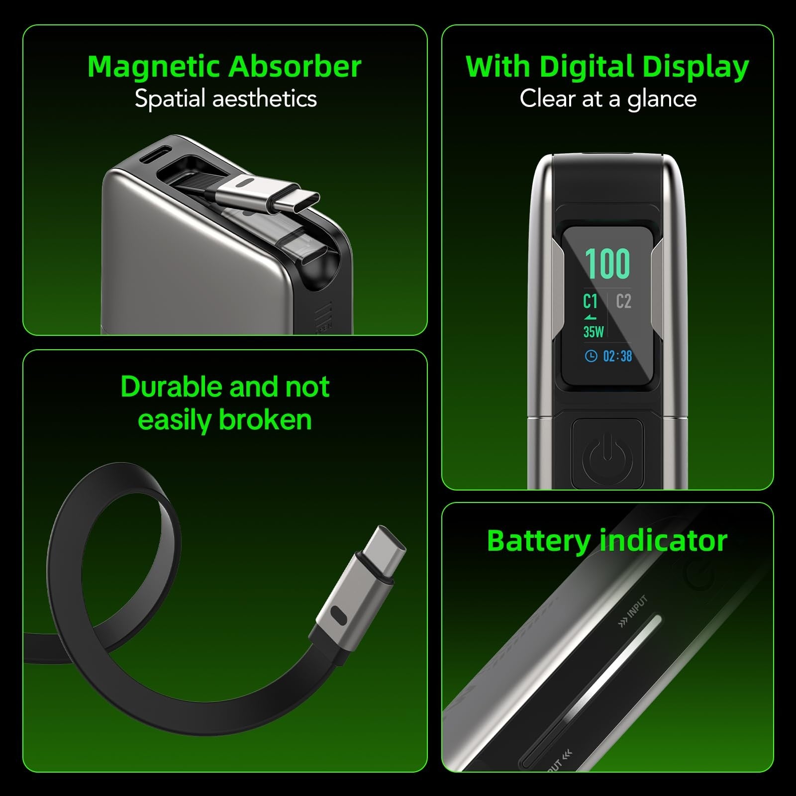 10000mAh Portable Charger, 45W PD Fast Charging Power Bank with Retractable B...