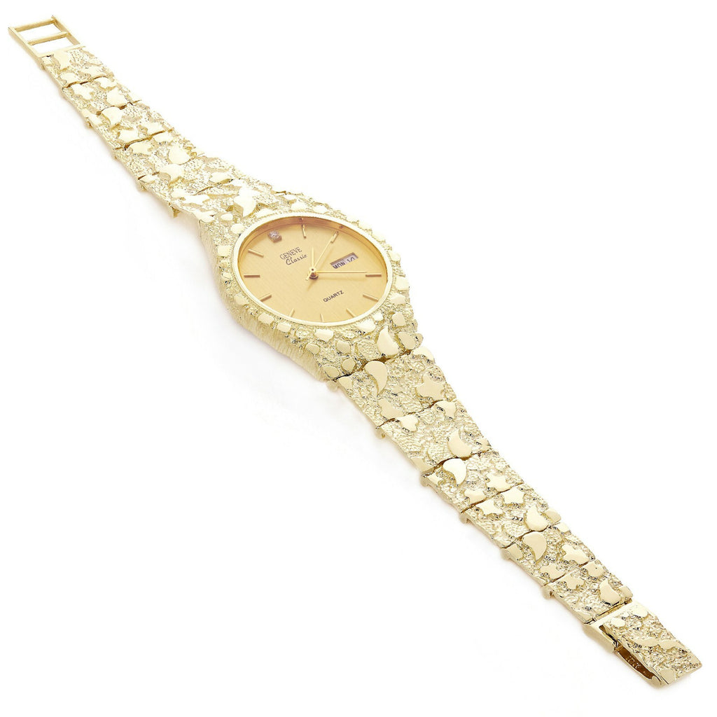 10k Yellow Gold Nugget Link Geneve Wrist Watch with Diamond 7-7.5" 47 grams