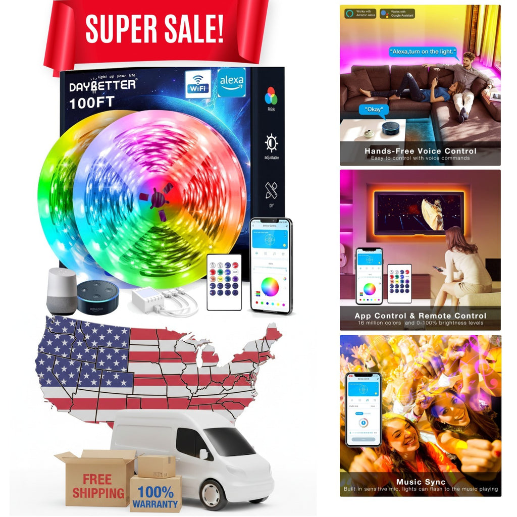 100 ft Smart WiFi Led Lights, Led Strip Lights Work with Alexa and Google Ass...