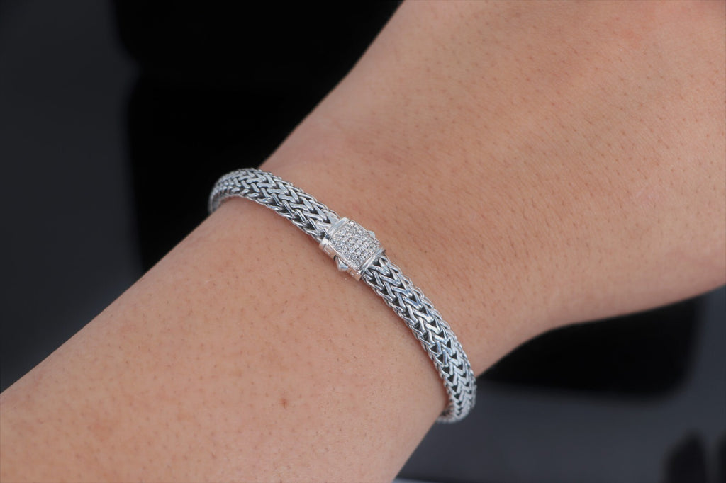 $1,195 John Hardy Silver 18K Yellow Gold Pave Diamond 6.5mm Wheat Chain Bracelet