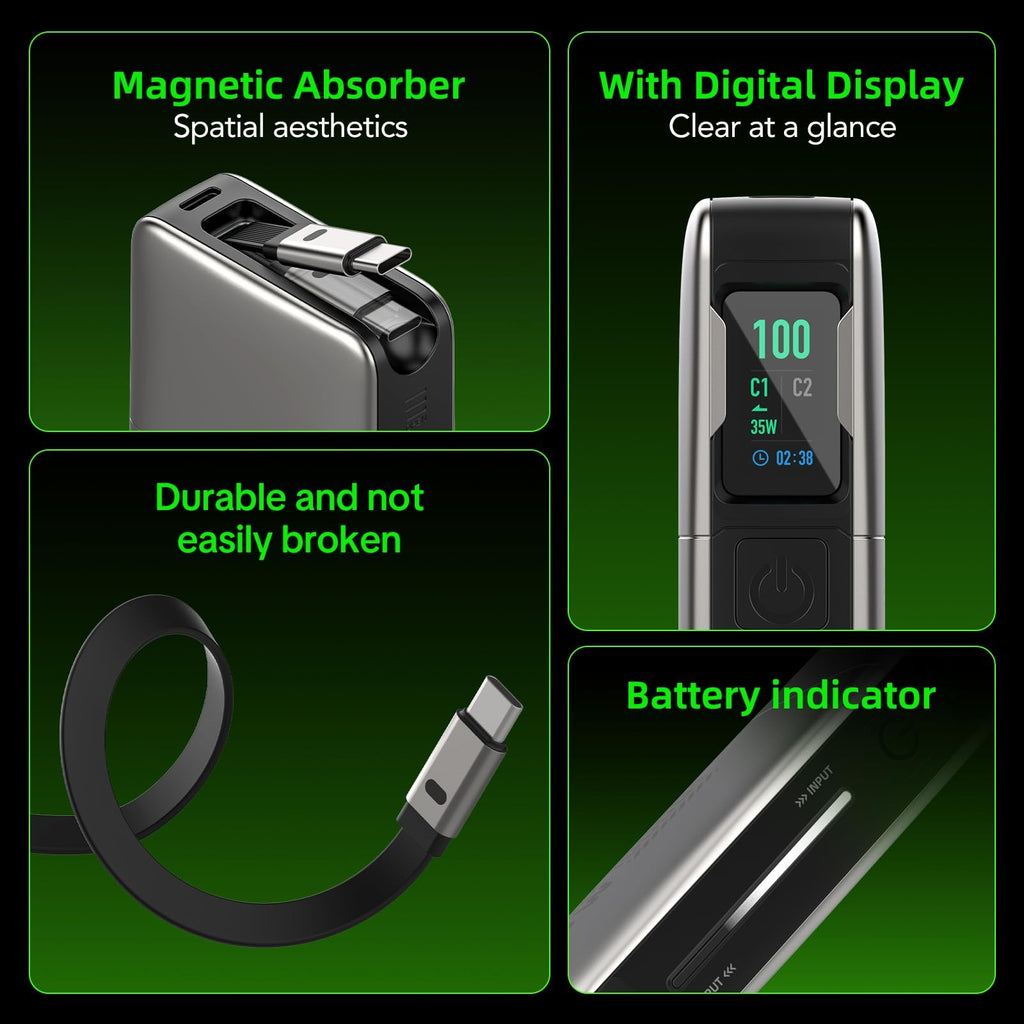 10000mAh Portable Charger, 45W PD Fast Charging Power Bank with Retractable B...