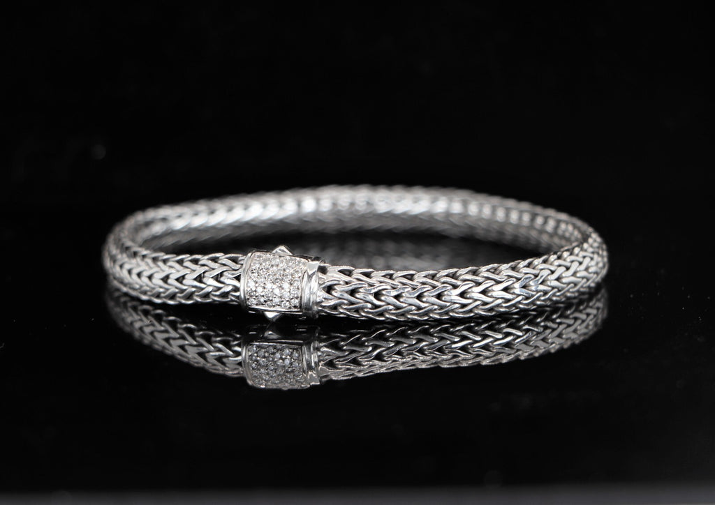 $1,195 John Hardy Silver 18K Yellow Gold Pave Diamond 6.5mm Wheat Chain Bracelet