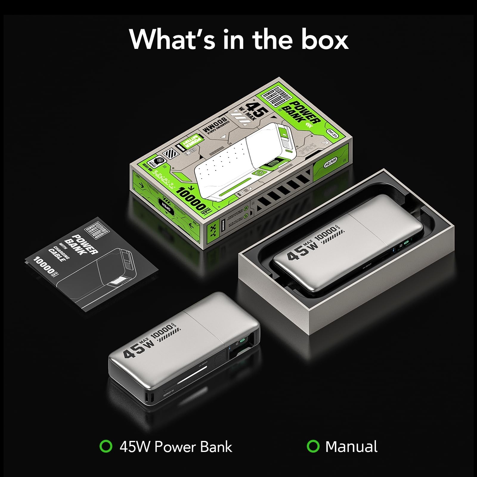 10000mAh Portable Charger, 45W PD Fast Charging Power Bank with Retractable B...