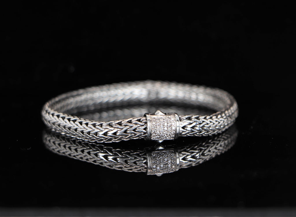 $1,195 John Hardy Silver 18K Yellow Gold Pave Diamond 6.5mm Wheat Chain Bracelet