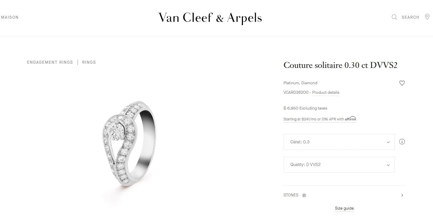$6,950 Van Cleef Arpels 0.33ct D VVS2 Diamond Couture Platinum Engagement Ring