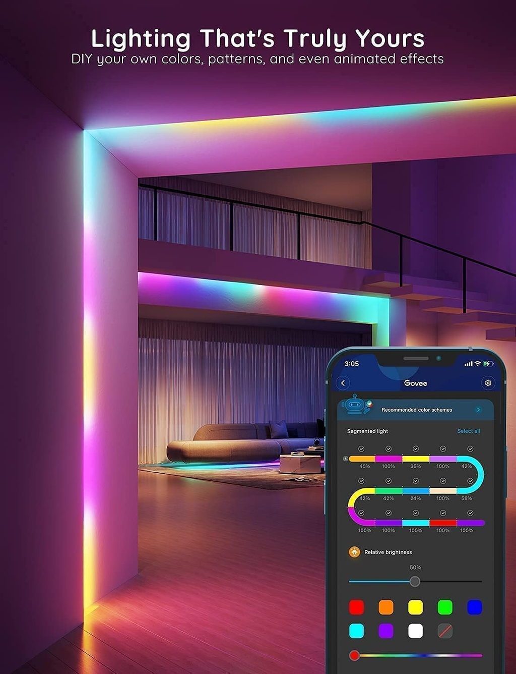 100Ft RGBIC LED Strip Lights, Smart LED Lights Work with Alexa and Google Assist