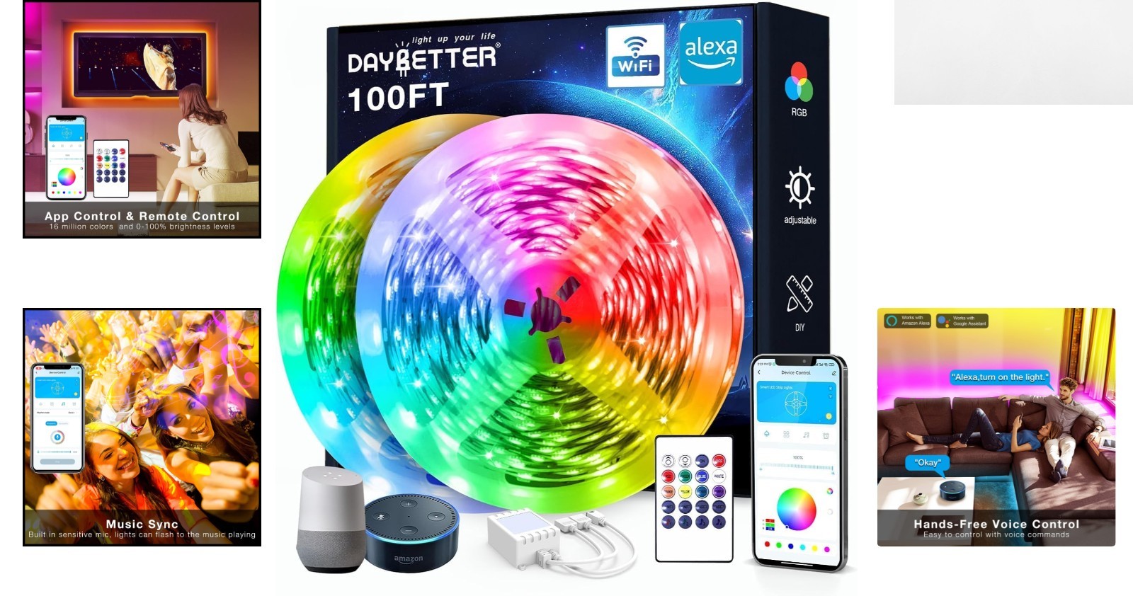 100 ft Smart WiFi Led Lights, Led Strip Lights Work with Alexa and Google Ass...