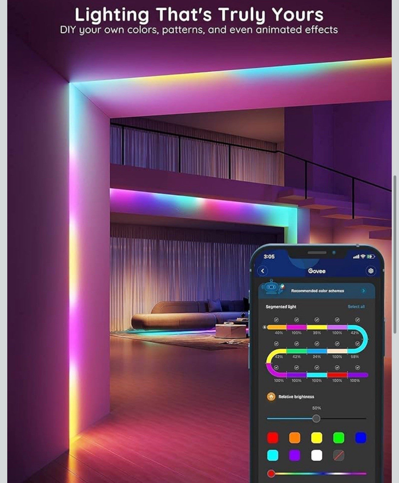 100Ft RGBIC LED Strip Lights, Smart LED Lights Work with Alexa and Google Assist