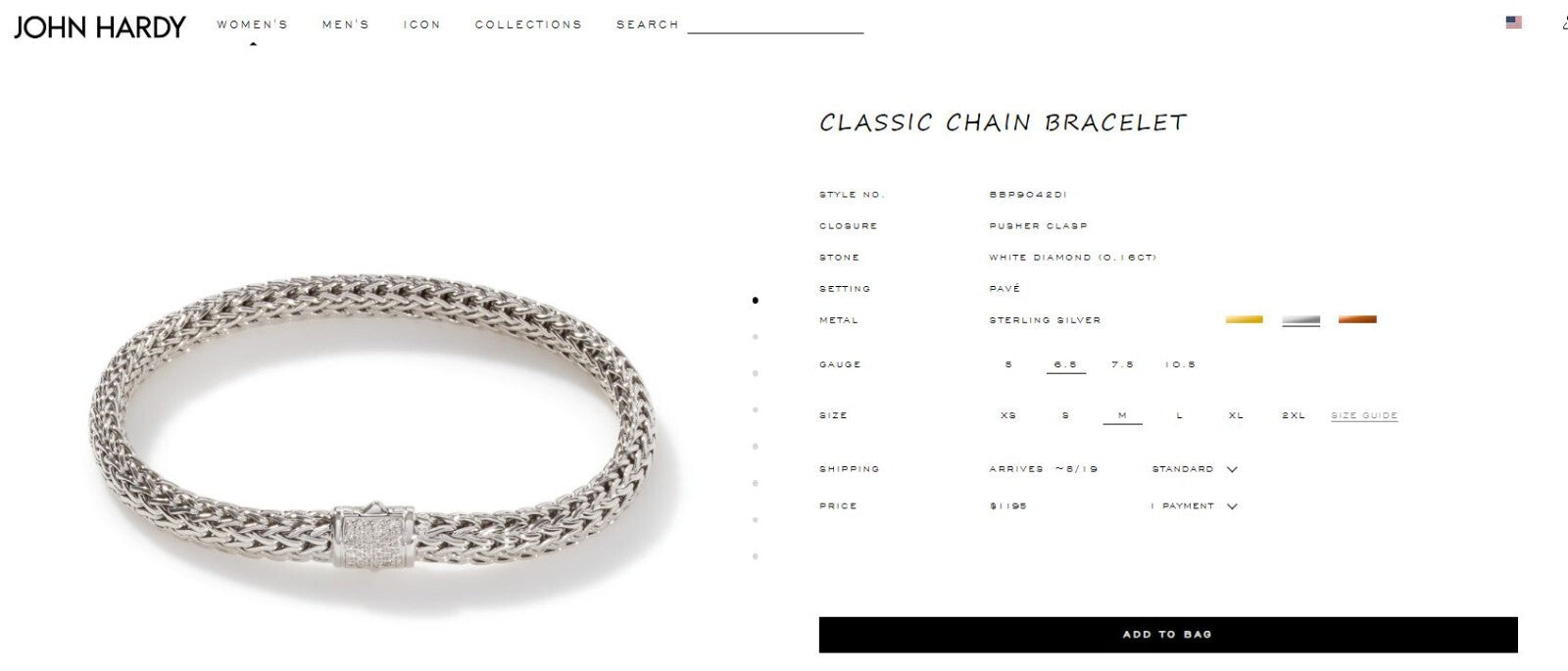 $1,195 John Hardy Silver 18K Yellow Gold Pave Diamond 6.5mm Wheat Chain Bracelet