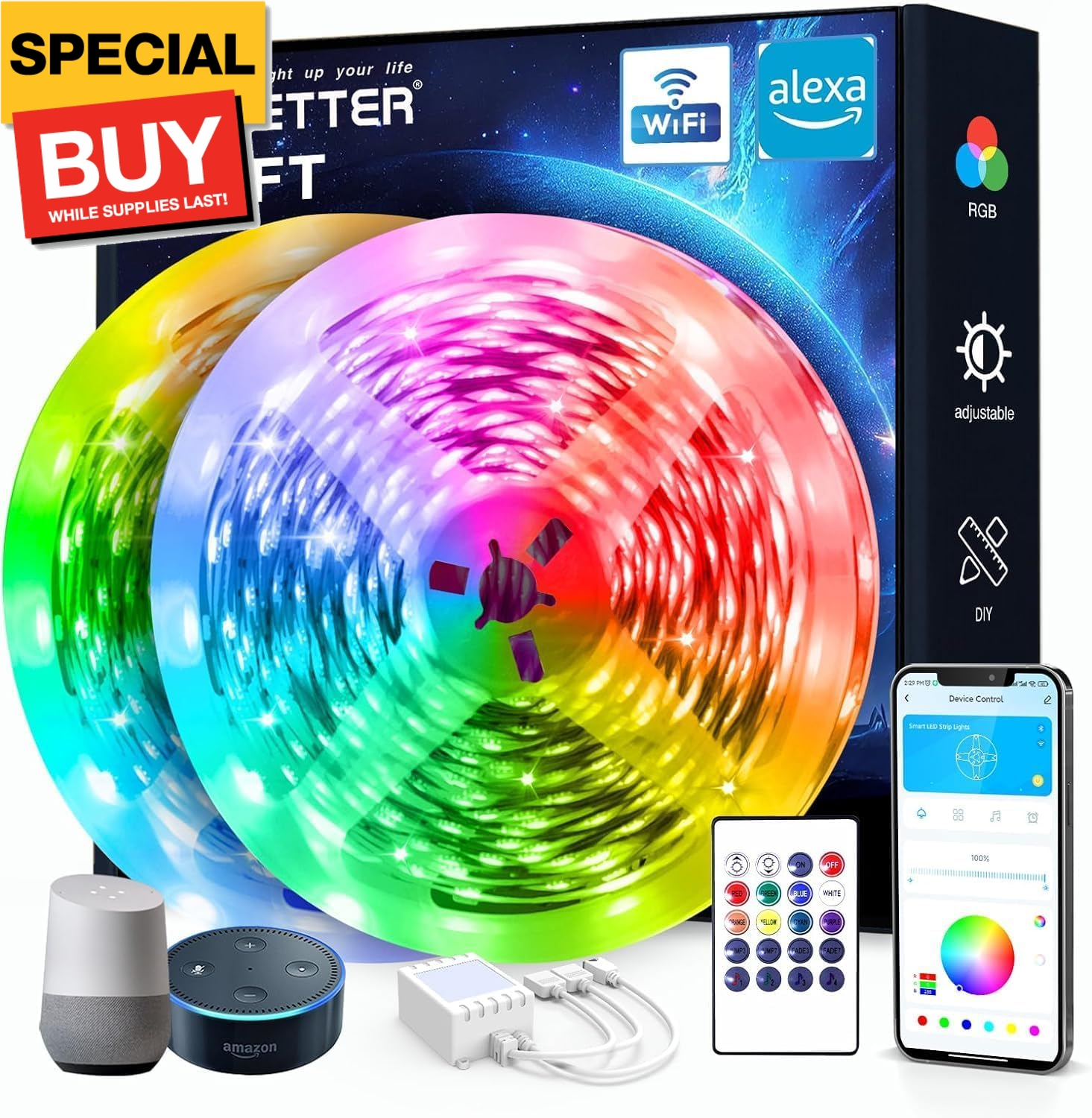 100 ft Smart WiFi Led Lights, Led Strip Lights Work with Alexa and Google Assist