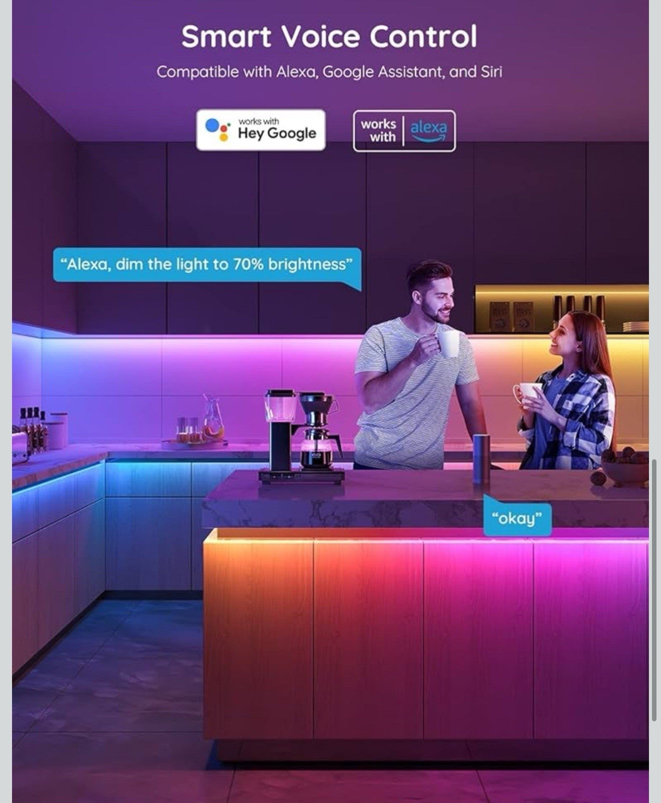 100Ft RGBIC LED Strip Lights, Smart LED Lights Work with Alexa and Google Assist