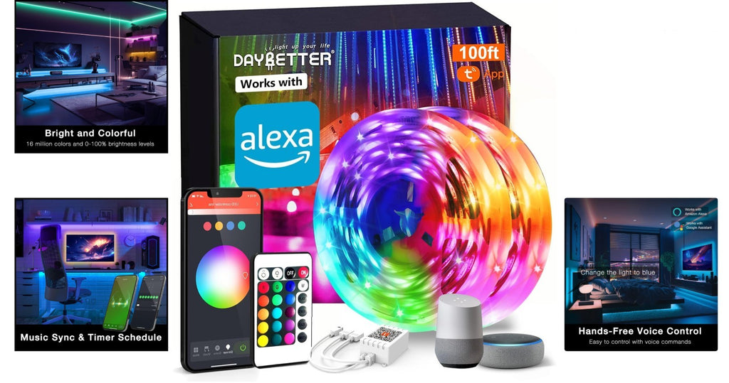 100ft Smart WiFi LED Strip Lights for Home, Voice Control with Alexa & Google
