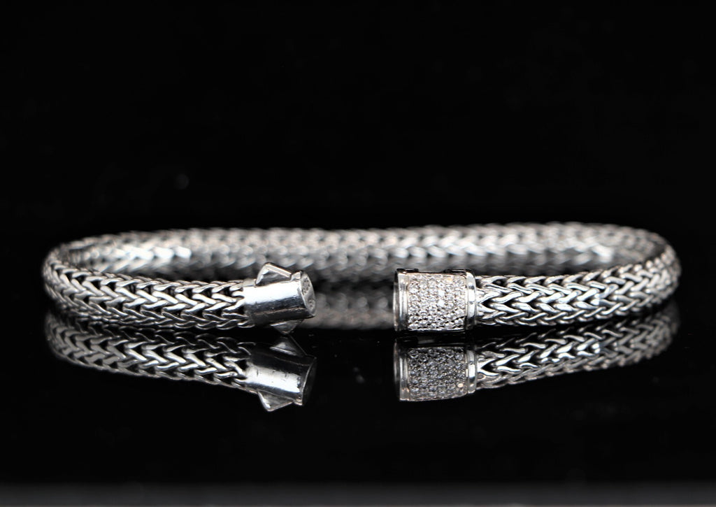 $1,195 John Hardy Silver 18K Yellow Gold Pave Diamond 6.5mm Wheat Chain Bracelet