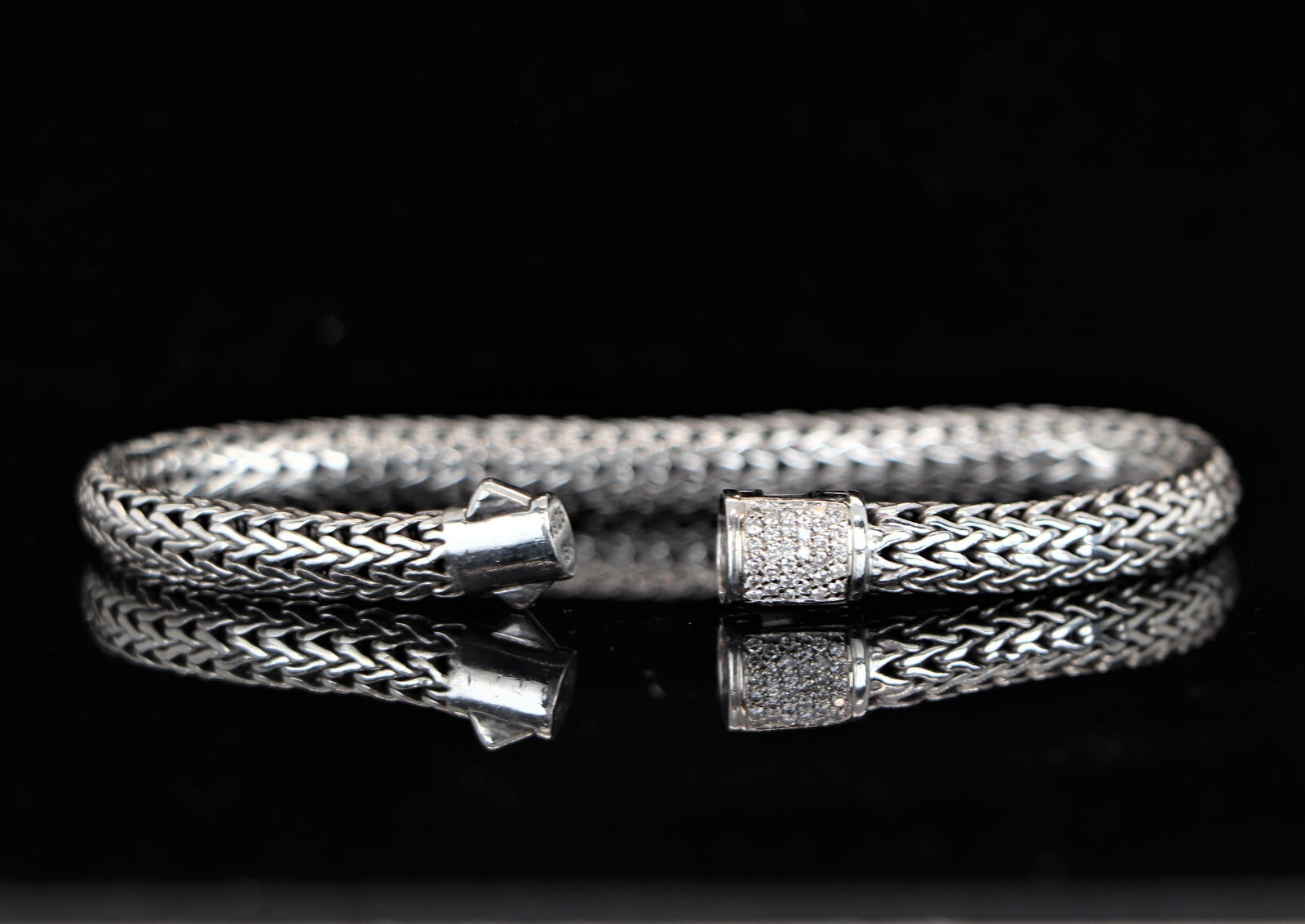 $1,195 John Hardy Silver 18K Yellow Gold Pave Diamond 6.5mm Wheat Chain Bracelet