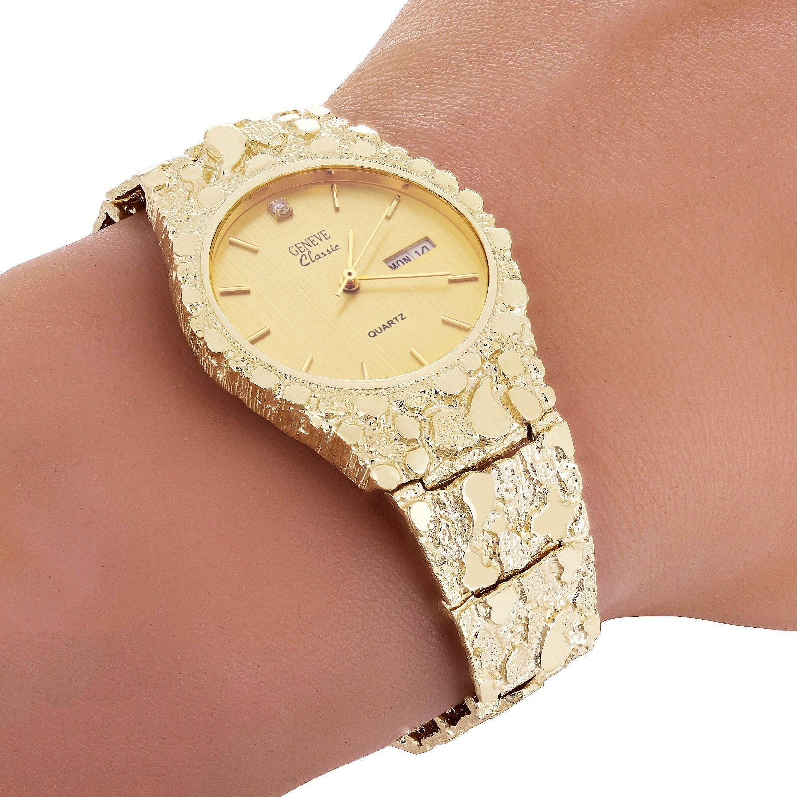 10k Yellow Gold Nugget Link Geneve Wrist Watch with Diamond 7-7.5" 47 grams