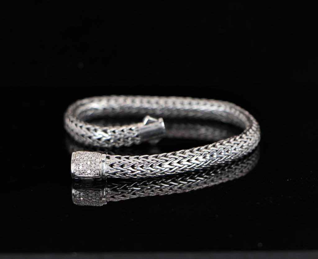 $1,195 John Hardy Silver 18K Yellow Gold Pave Diamond 6.5mm Wheat Chain Bracelet