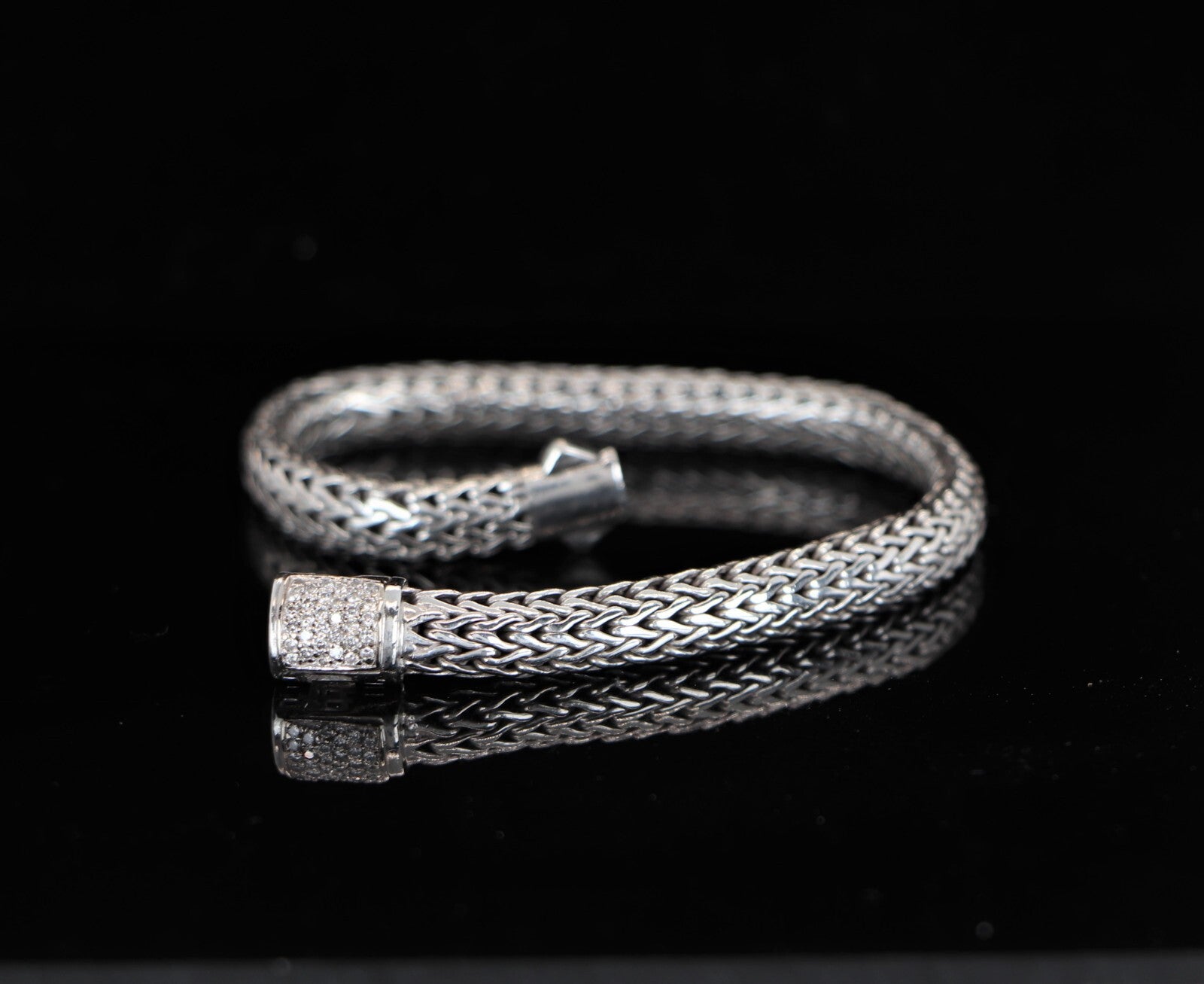 $1,195 John Hardy Silver 18K Yellow Gold Pave Diamond 6.5mm Wheat Chain Bracelet