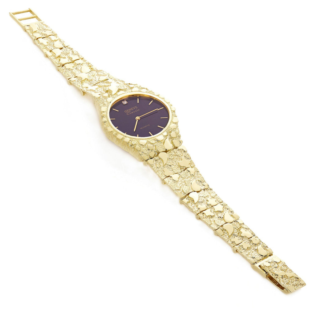 10k Yellow Gold Nugget Link Geneve Diamond Wrist Watch 6-6.5" 41 grams