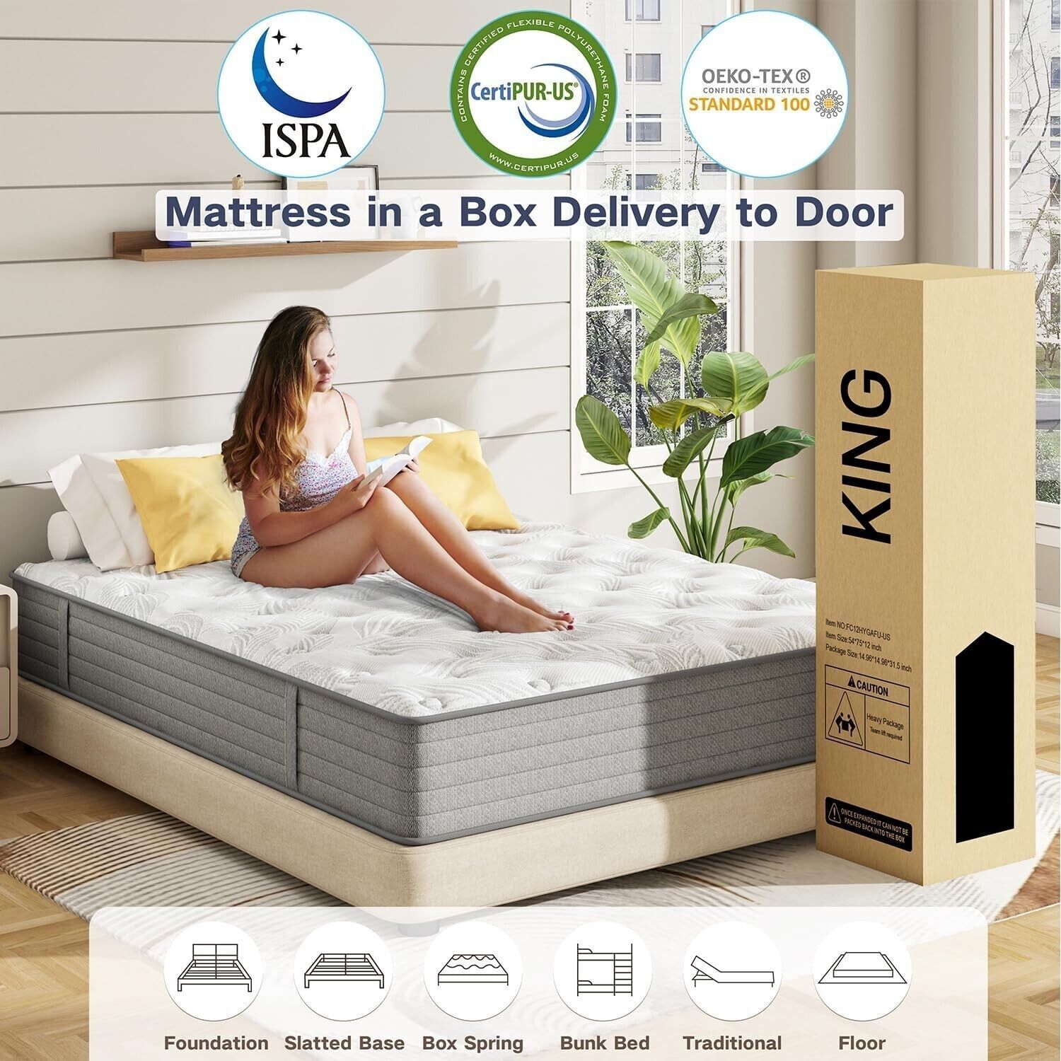 12" 14" Twin Full Queen King Hybrid Mattress Gel Memory Foam Spring Bed in a Box